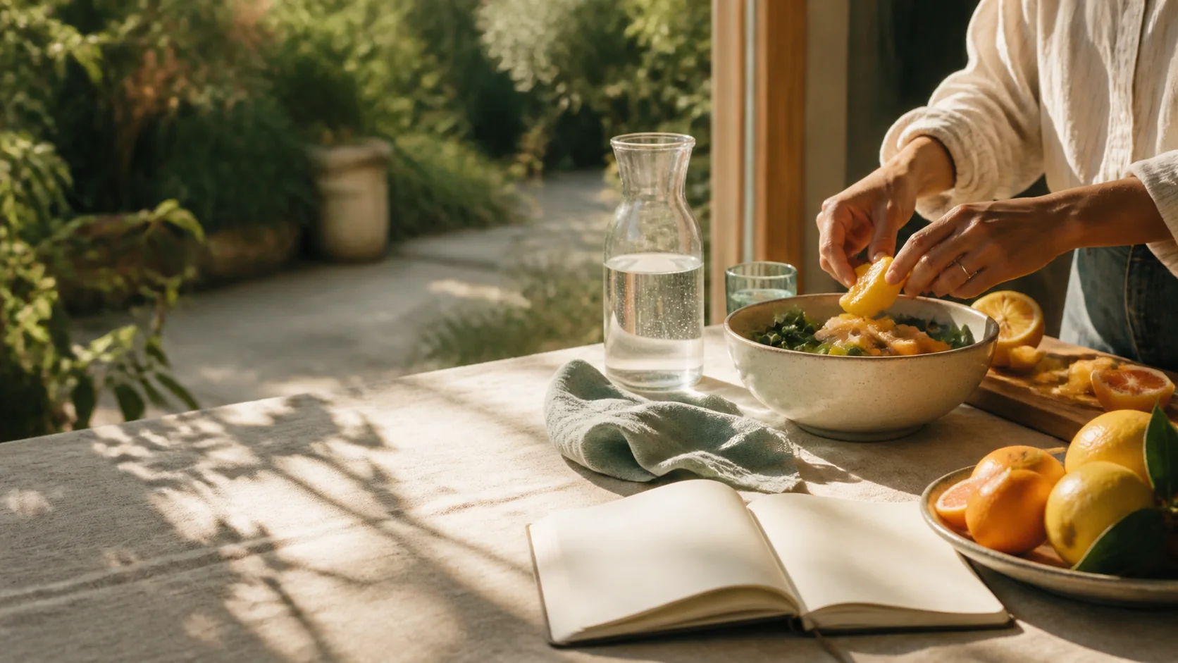Hands adding citrus to a bowl beside water and an open notebook in morning light